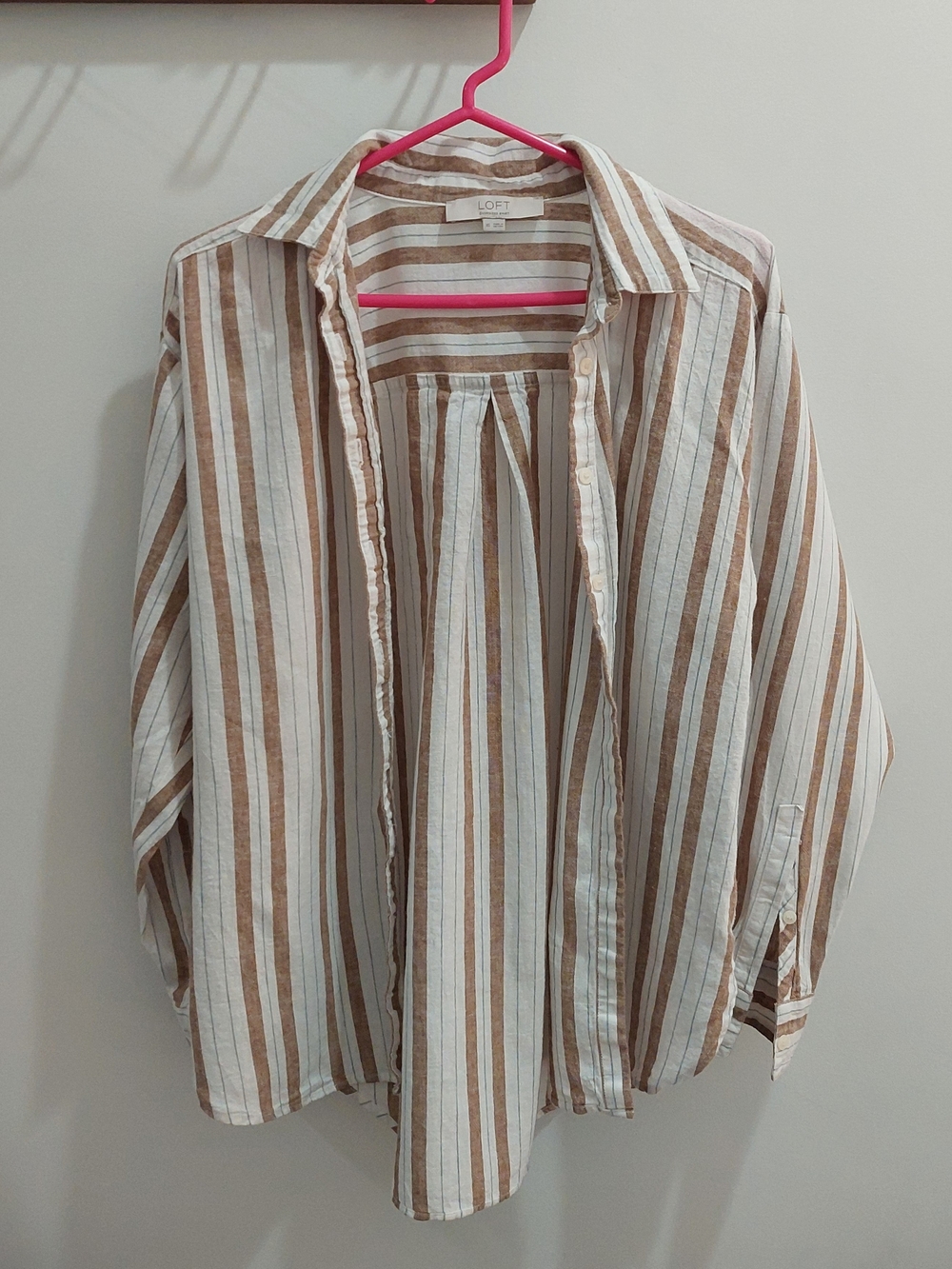 LOFT XS Brown & White Striped Oversized Button-Up Shirt - Picture 3 of 11